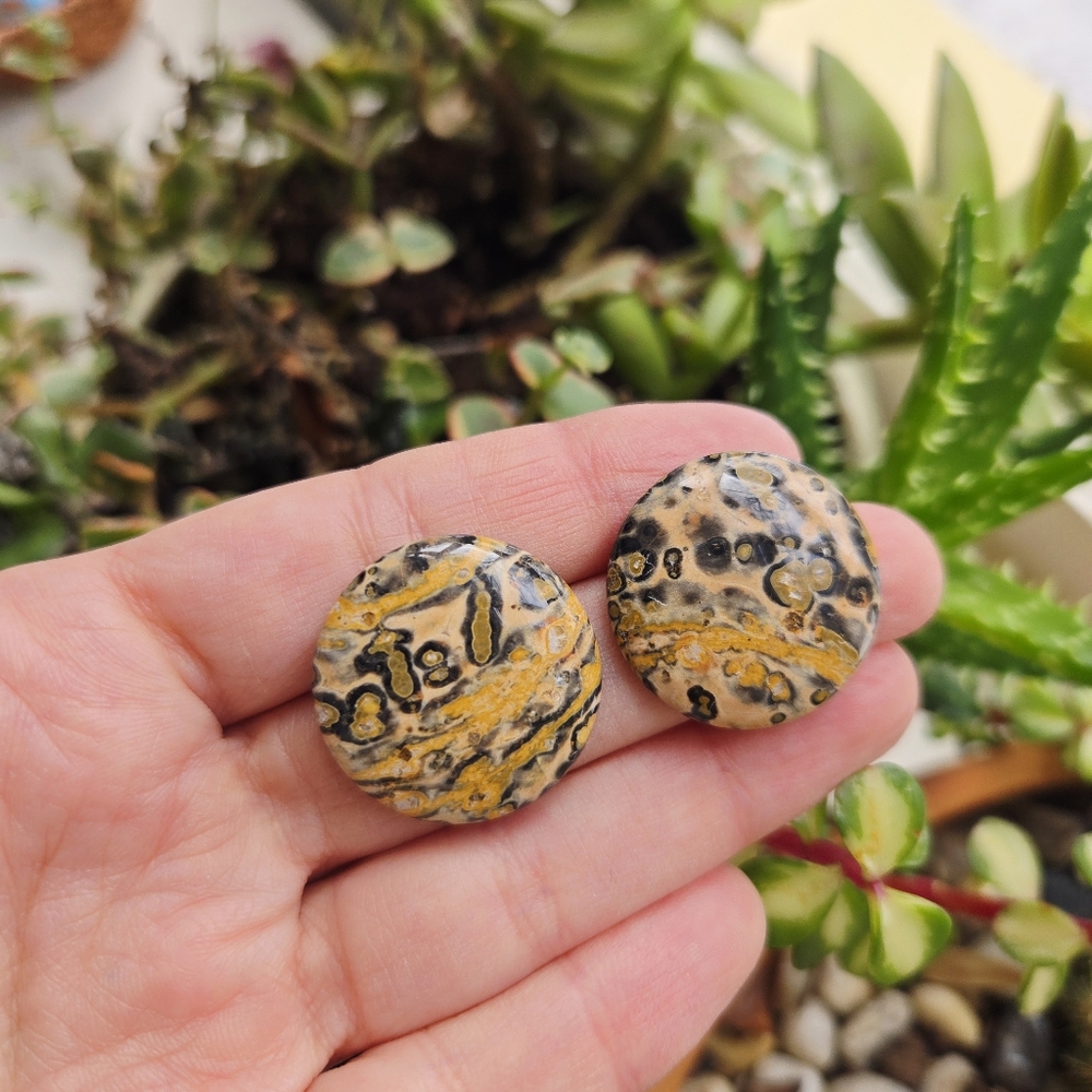 Vintage Leopard Skin Jasper Oversized Studs Chunky Stone Stud Earrings - Picture 7 of 9